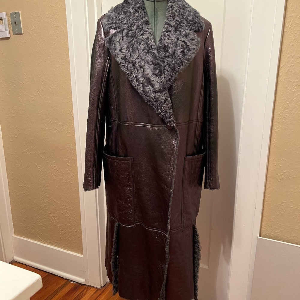 NWT Ferragamo Grafite Lamb Shearling Metallic Leather Coat 44 $6900 No Belt